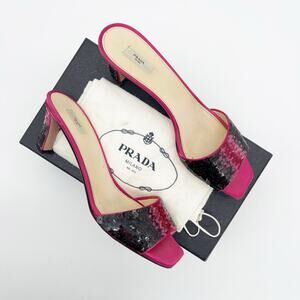 Prada Vintage Y2K Pink Black Ombre Sequin Slide Mule Kitten Heel Sandals IT 40